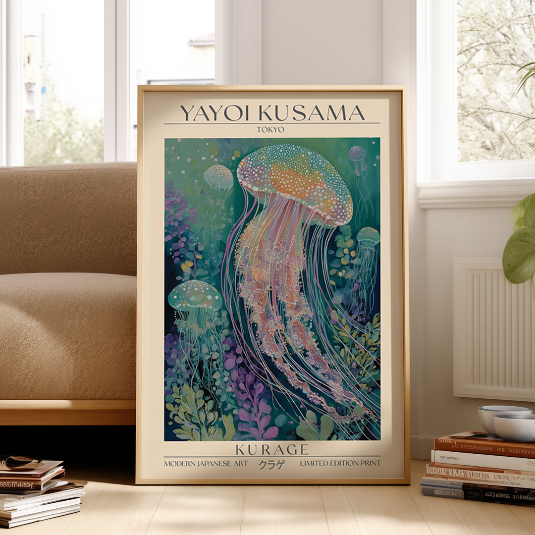 Framed Yayoi Kusama artwork of a jellyfish in a living room setting