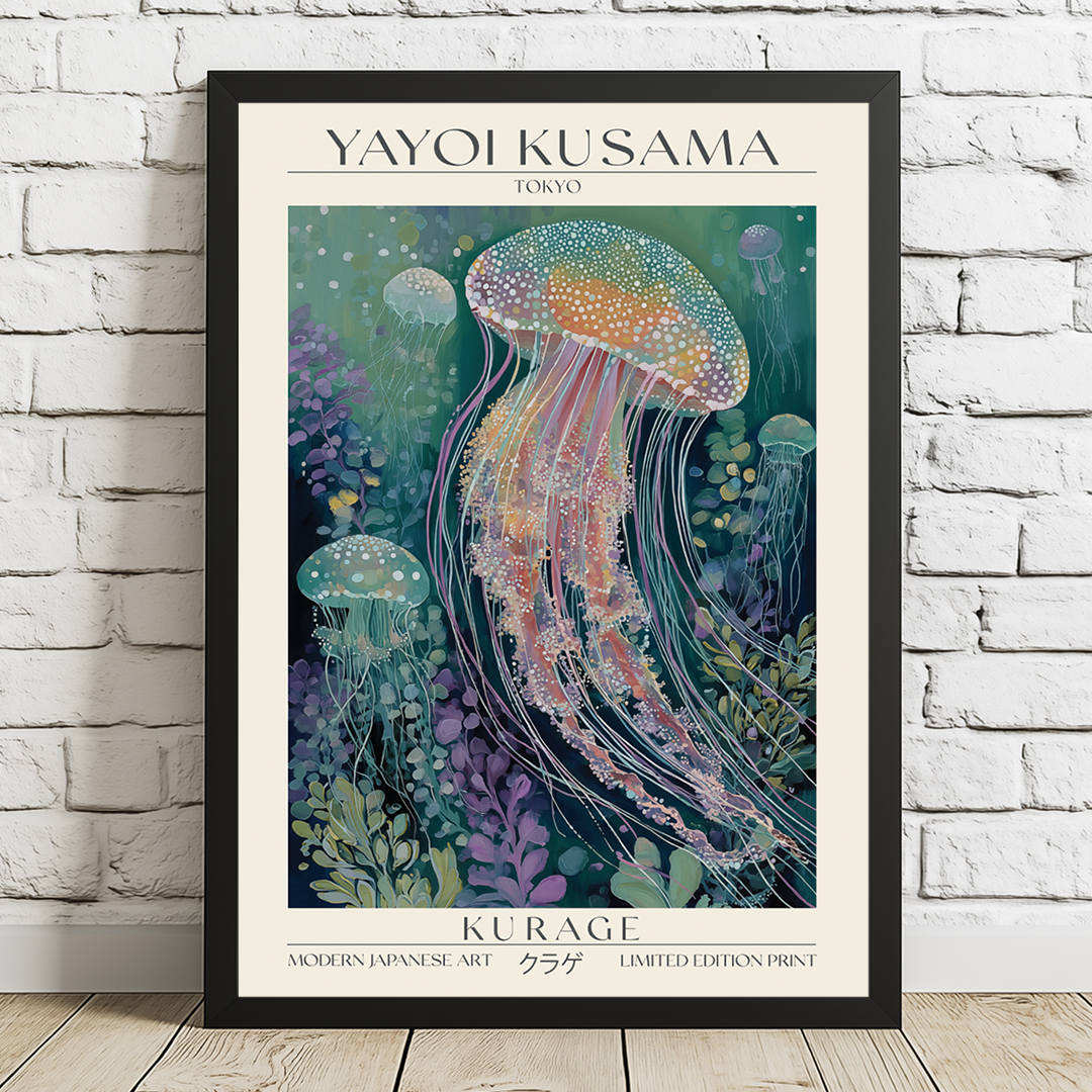 Framed Yayoi Kusama art print of a jellyfish on a white brick wall.