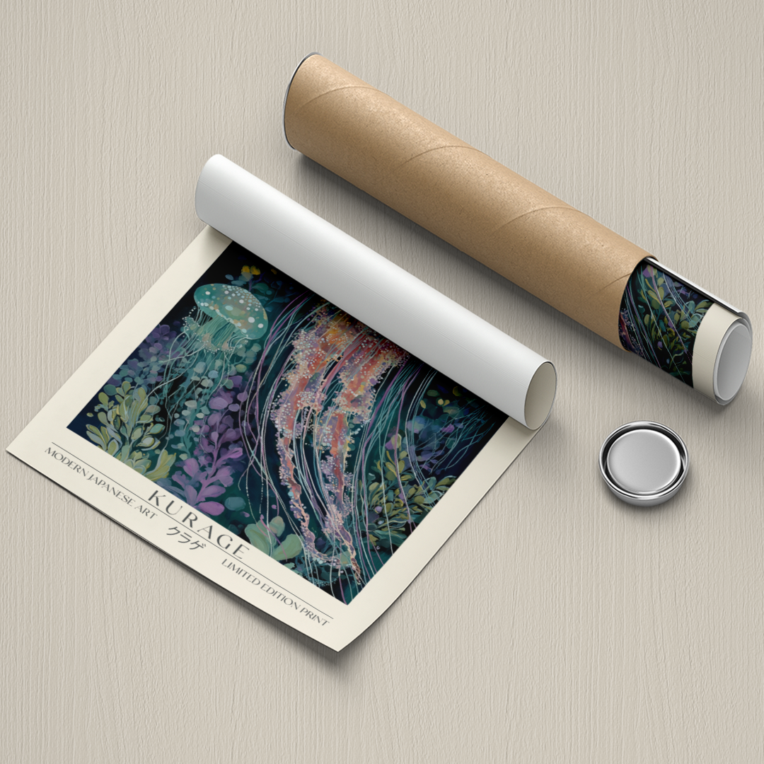Art print with a roll of paper and a button on a textured surface