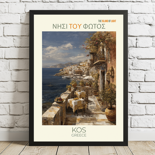 Framed artwork of a coastal scene with tables and chairs, featuring text 'The Island of Light' and 'Kos Greece'.