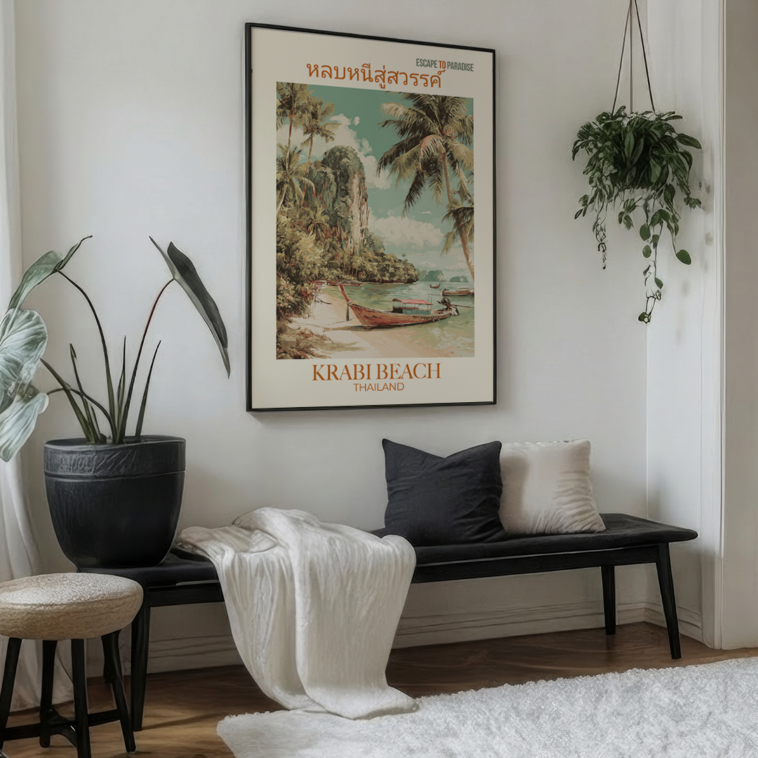 Living room with Krabi Beach Thailand poster, bench, and plants