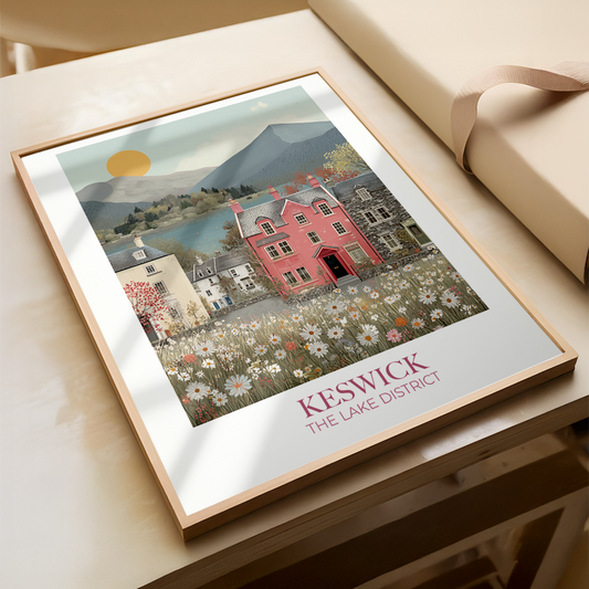 Framed artwork of Keswick, The Lake District on a wooden surface