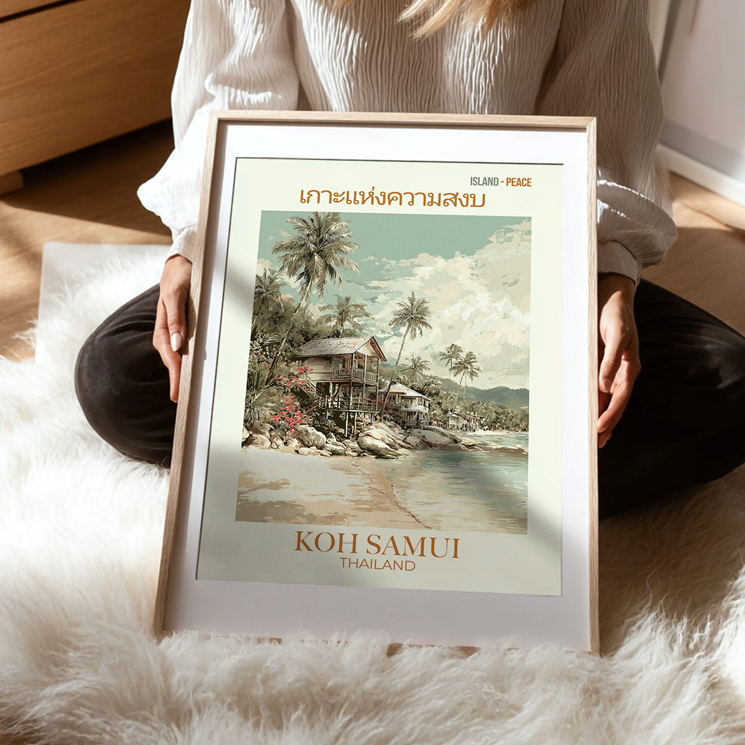 Person holding a framed poster of Koh Samui, Thailand