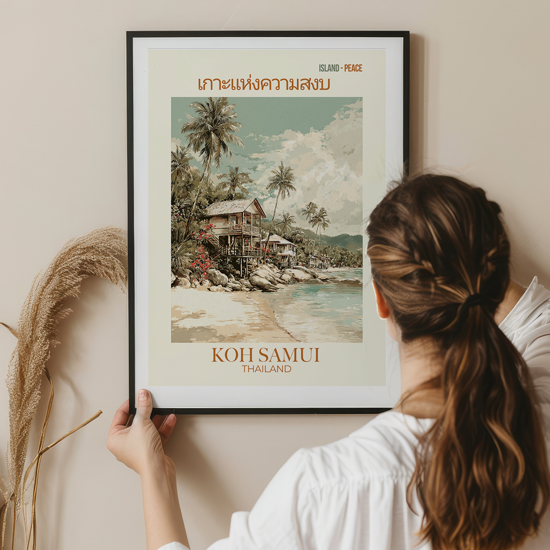 Person holding a framed poster of Koh Samui, Thailand