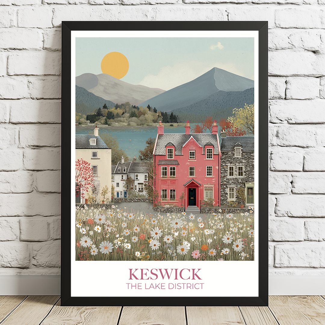Framed artwork of Keswick, The Lake District with a red house and mountain backdrop.