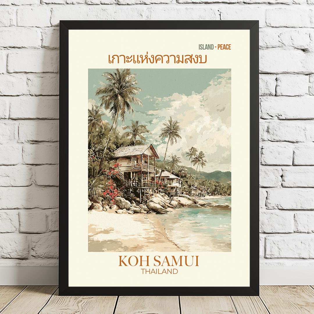 Framed poster of a tropical beach scene with palm trees and a hut, featuring text about Koh Samui, Thailand.