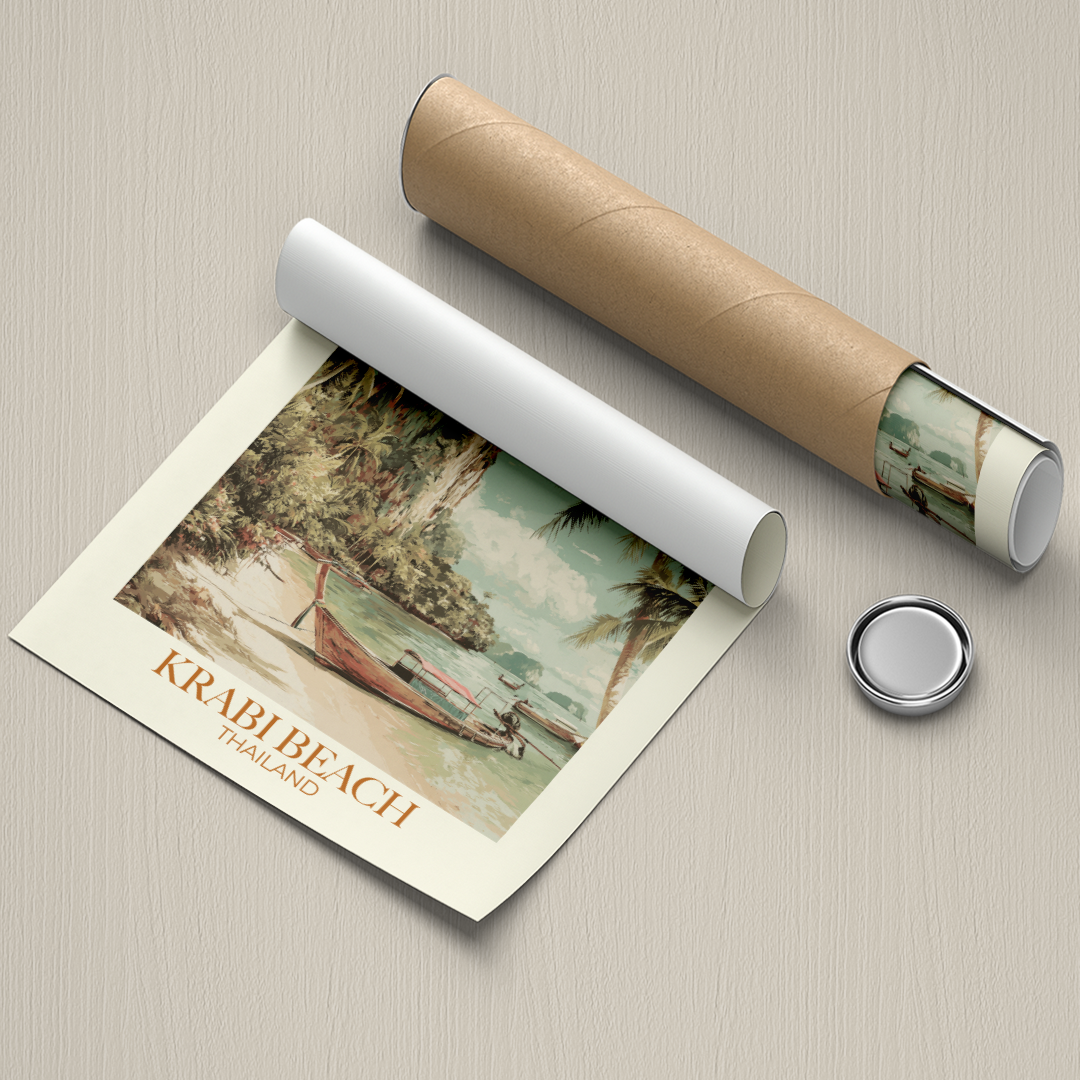 Roll of paper with a scenic print and a cylindrical object on a textured surface