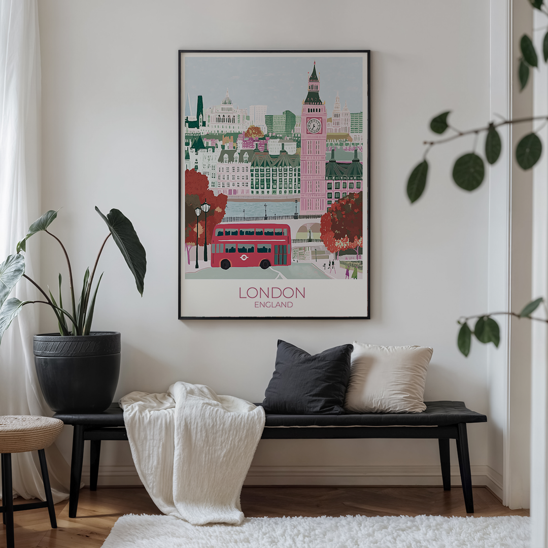 Framed artwork of London with a bench and decorative pillows in a living room.