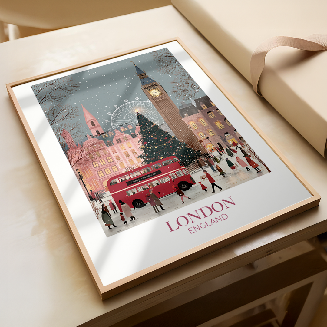 Framed artwork of a London scene with a red bus and Big Ben on a table.