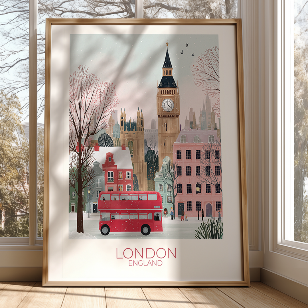 Framed artwork of London with Big Ben and a red double-decker bus, placed on a windowsill.