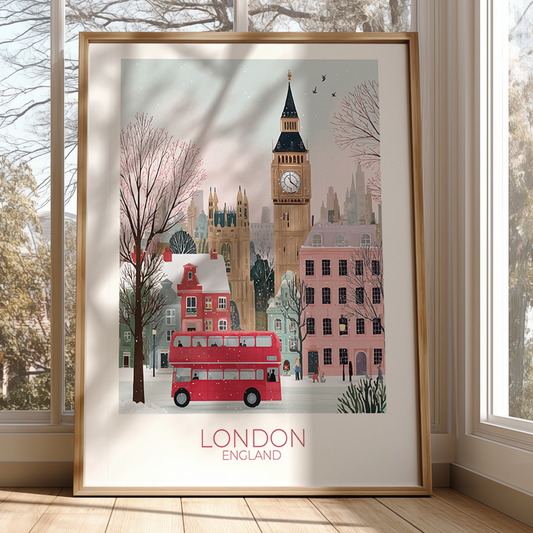 Framed artwork of London with Big Ben and a red double-decker bus, placed on a windowsill.