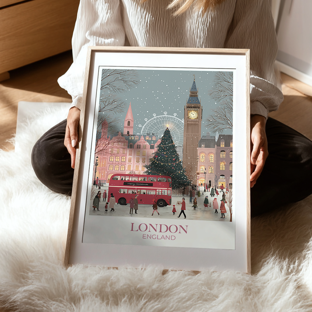 Person holding a framed print of London with Big Ben and a red bus.