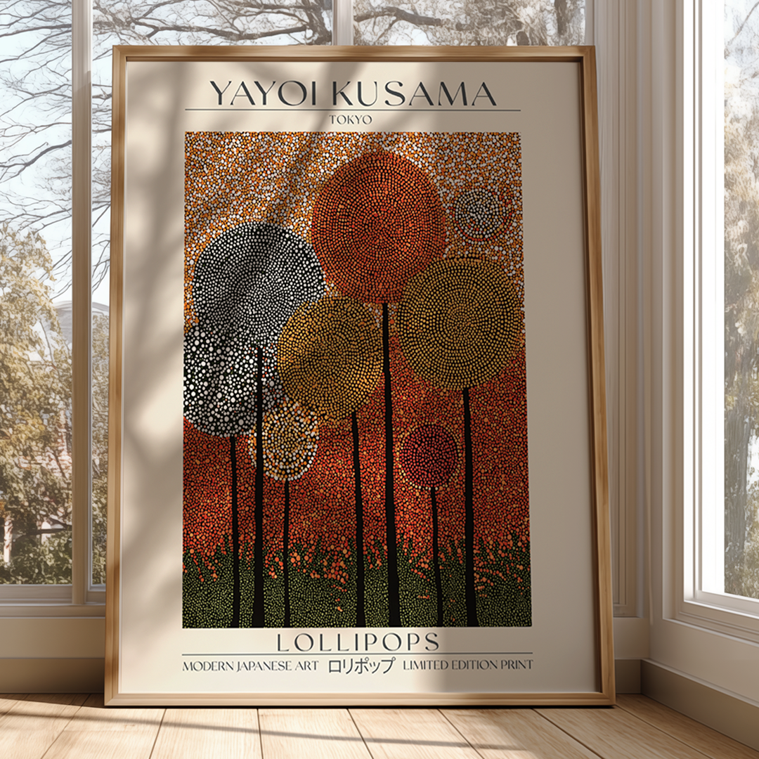 Framed Yayoi Kusama art print titled 'Lollipops' in a room with windows.