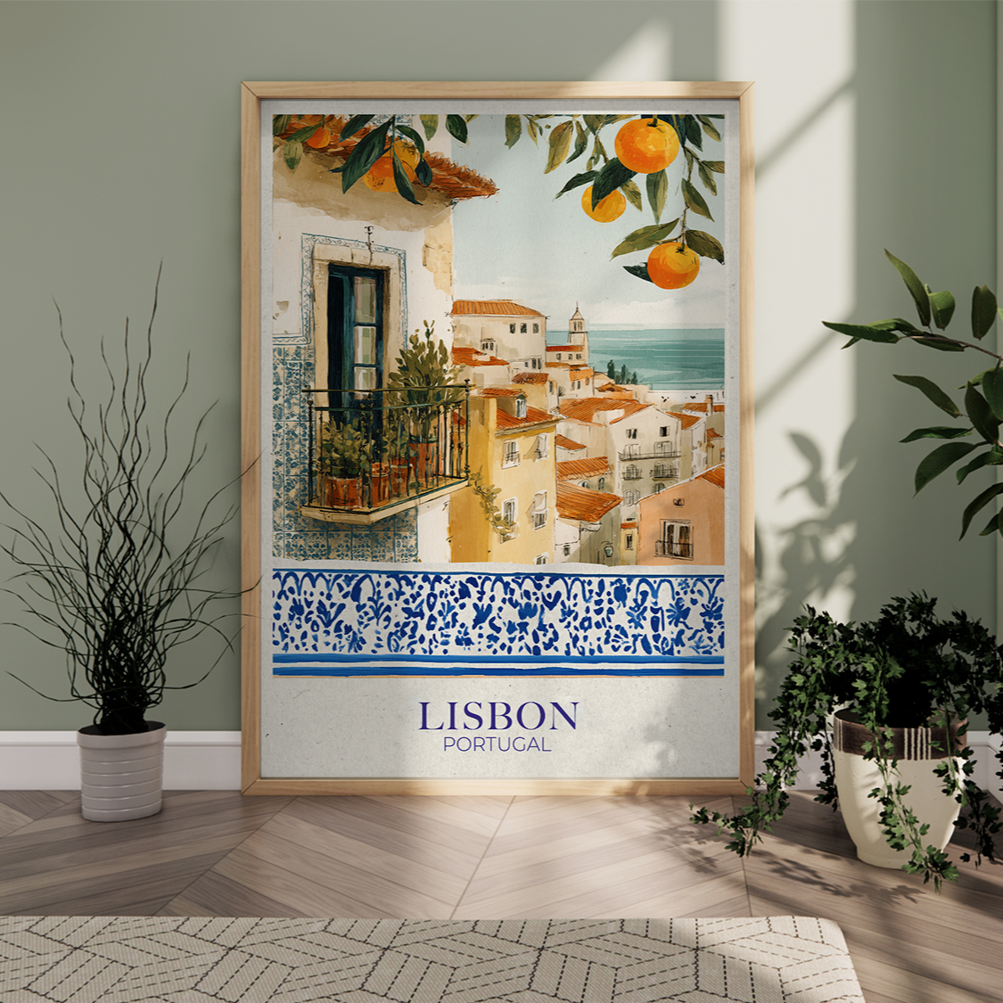 Framed artwork of Lisbon, Portugal with decorative elements on a wall.