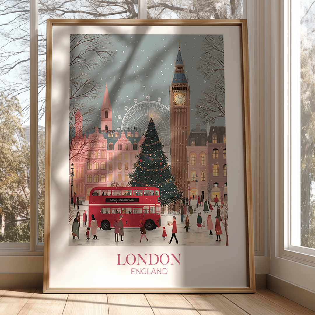 Framed artwork of a Christmas scene in London with a red double-decker bus and Big Ben.