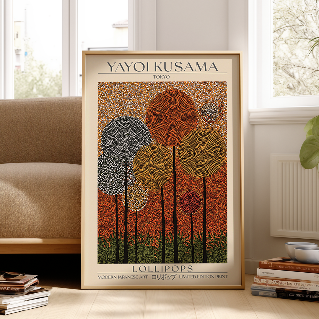 Framed Yayoi Kusama art print titled 'Lollipops' in a living room setting.
