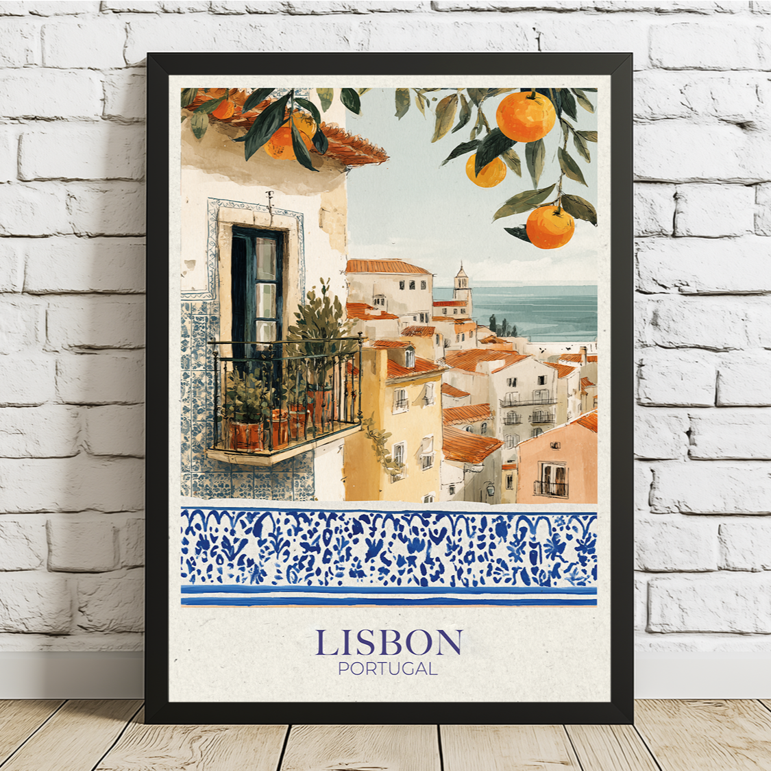 Framed artwork of Lisbon, Portugal with a scenic view and decorative elements.