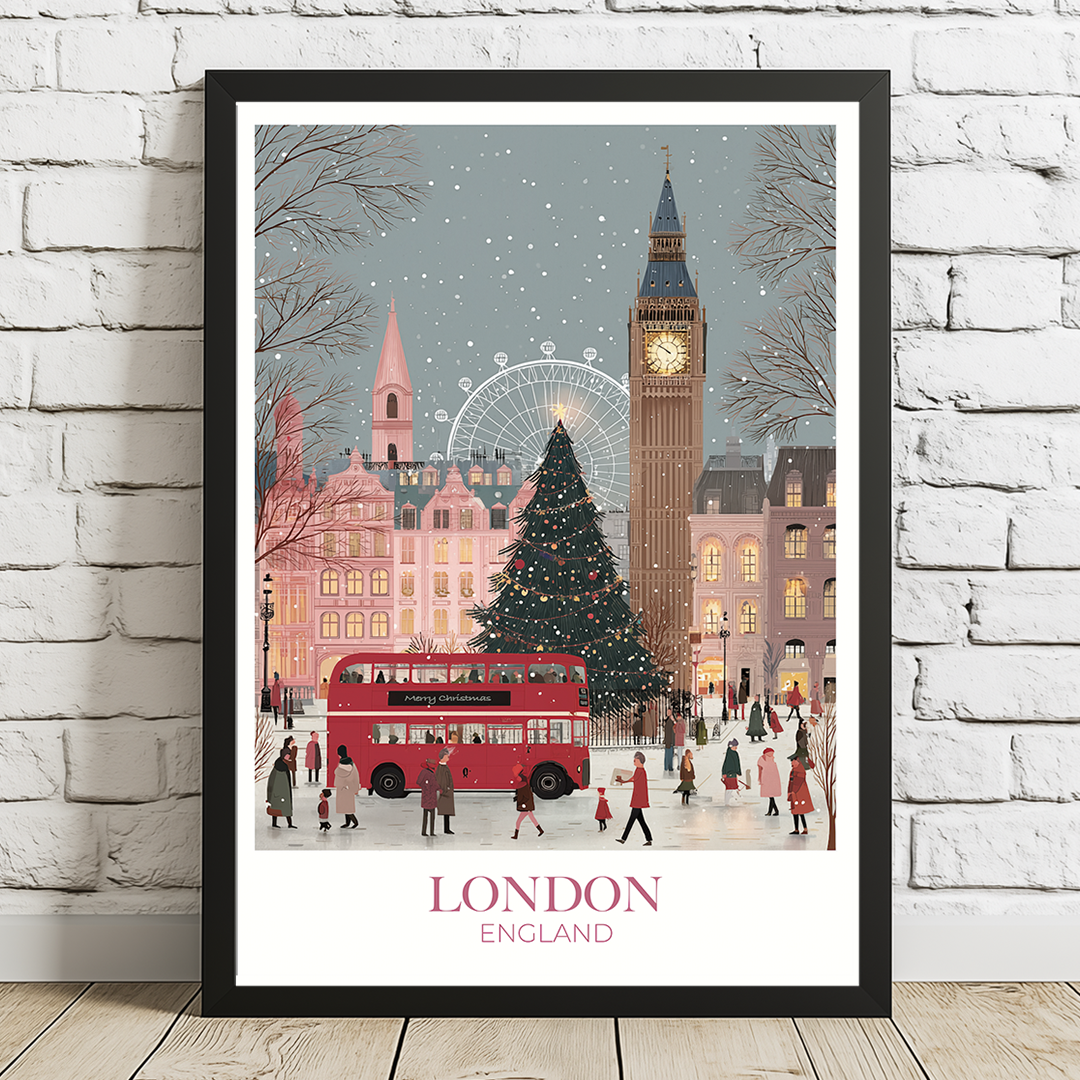 Framed artwork of a snowy London scene with Big Ben, Christmas tree, and red bus on a white brick wall.
