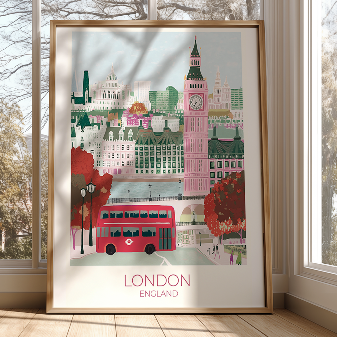 Framed artwork of London skyline with Big Ben and a red bus, placed on a windowsill.