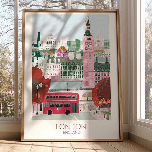 Framed artwork of London skyline with Big Ben and a red bus, placed on a windowsill.