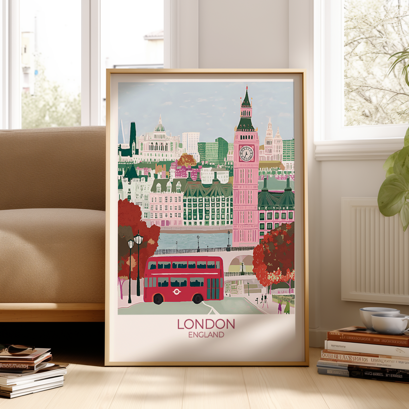 Framed artwork of London with Big Ben and a red bus, placed on a surface.