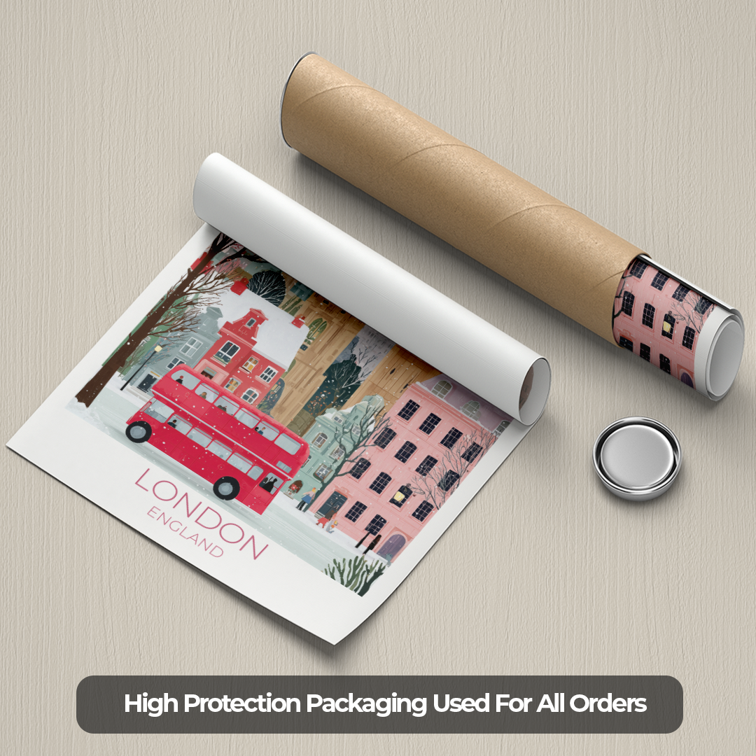 Roll of paper with a London-themed design on a textured surface, accompanied by a cylindrical packaging item.
