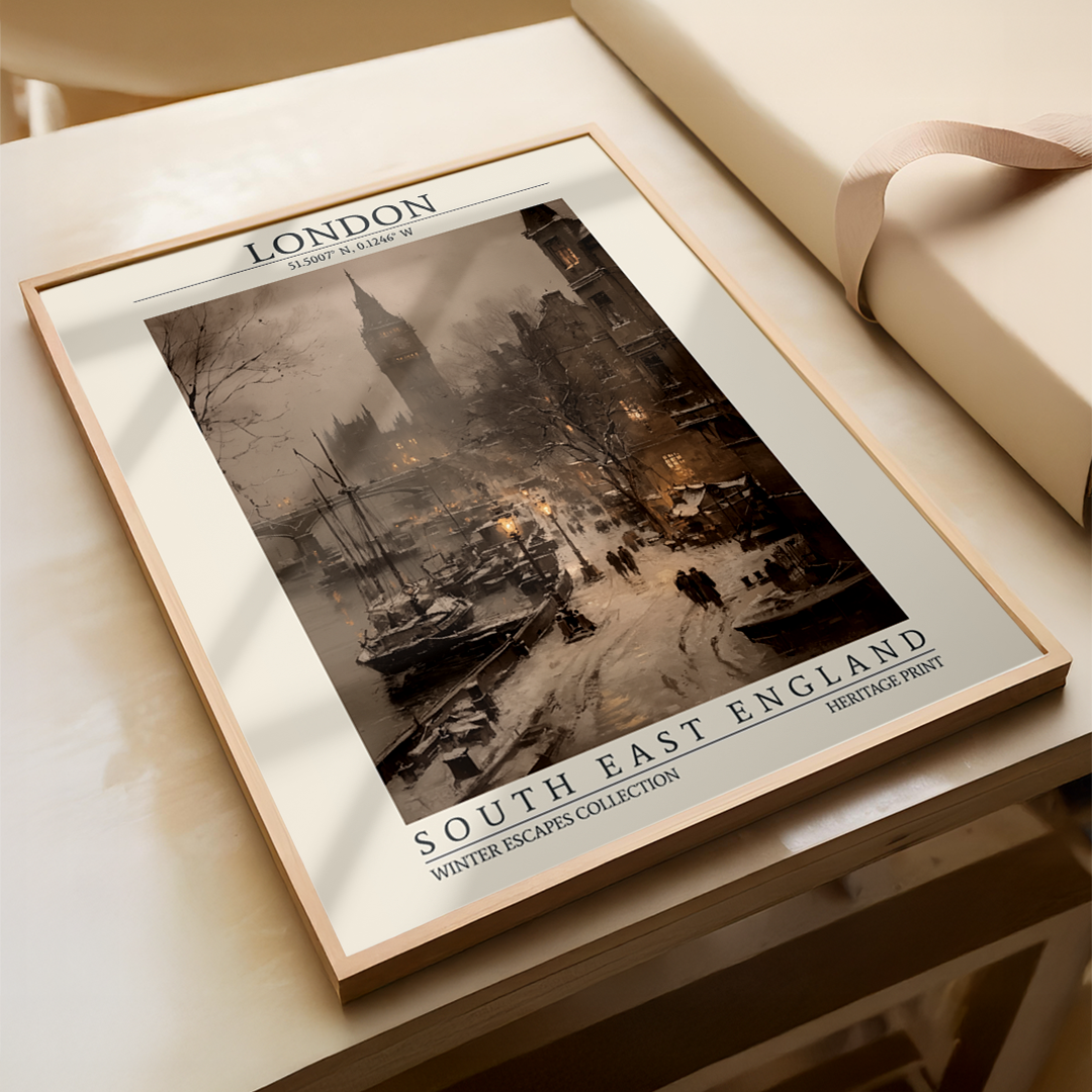 Vintage-style London winter wall art featuring Big Ben, the Thames, and historic riverside architecture, with snow-covered streets and warm glowing lamps. Includes map coordinates (51.5007° N, 0.1246° W) and region label “South East England.”
