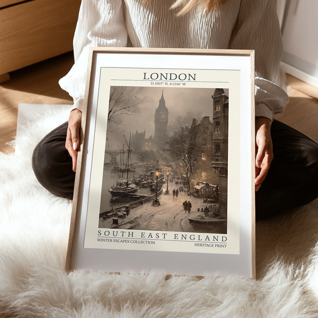 Vintage-style London winter wall art featuring Big Ben, the Thames, and historic riverside architecture, with snow-covered streets and warm glowing lamps. Includes map coordinates (51.5007° N, 0.1246° W) and region label “South East England.”