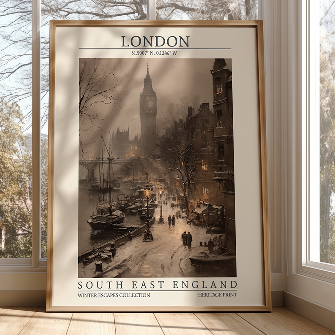 Vintage-style London winter wall art featuring Big Ben, the Thames, and historic riverside architecture, with snow-covered streets and warm glowing lamps. Includes map coordinates (51.5007° N, 0.1246° W) and region label “South East England.”