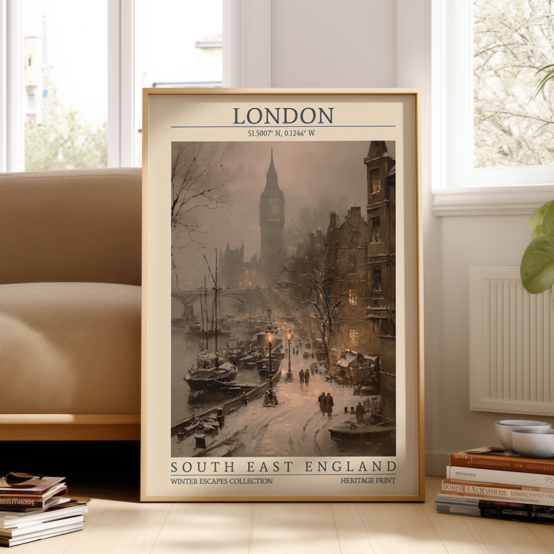 Vintage-style London winter wall art featuring Big Ben, the Thames, and historic riverside architecture, with snow-covered streets and warm glowing lamps. Includes map coordinates (51.5007° N, 0.1246° W) and region label “South East England.”