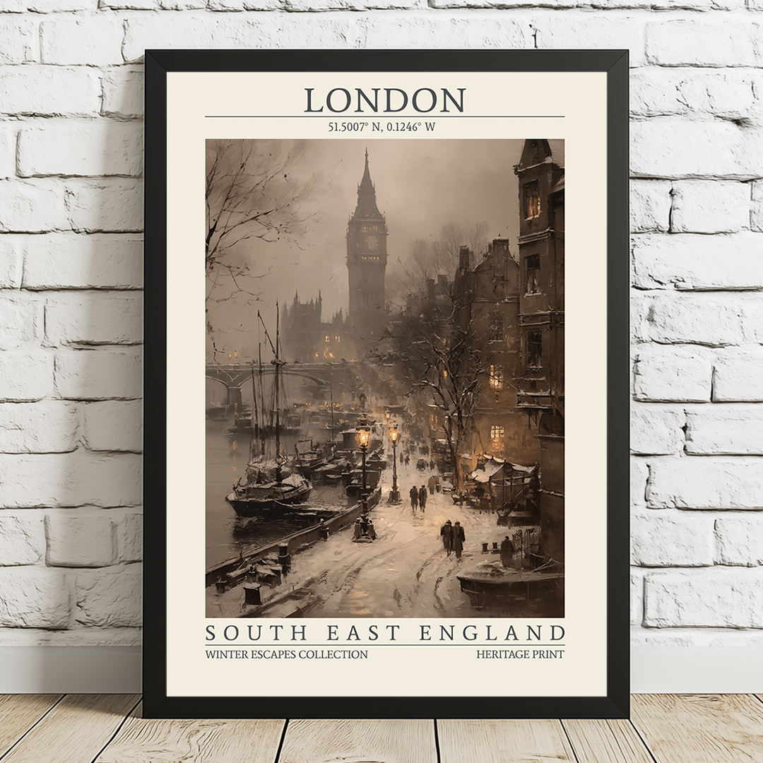 Vintage-style London winter wall art featuring Big Ben, the Thames, and historic riverside architecture, with snow-covered streets and warm glowing lamps. Includes map coordinates (51.5007° N, 0.1246° W) and region label “South East England.”