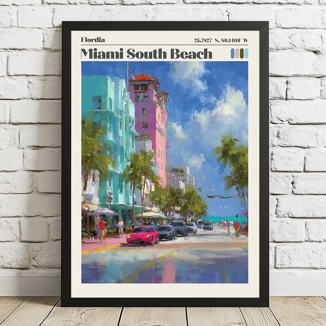 Framed artwork of Miami South Beach with colorful buildings and palm trees.