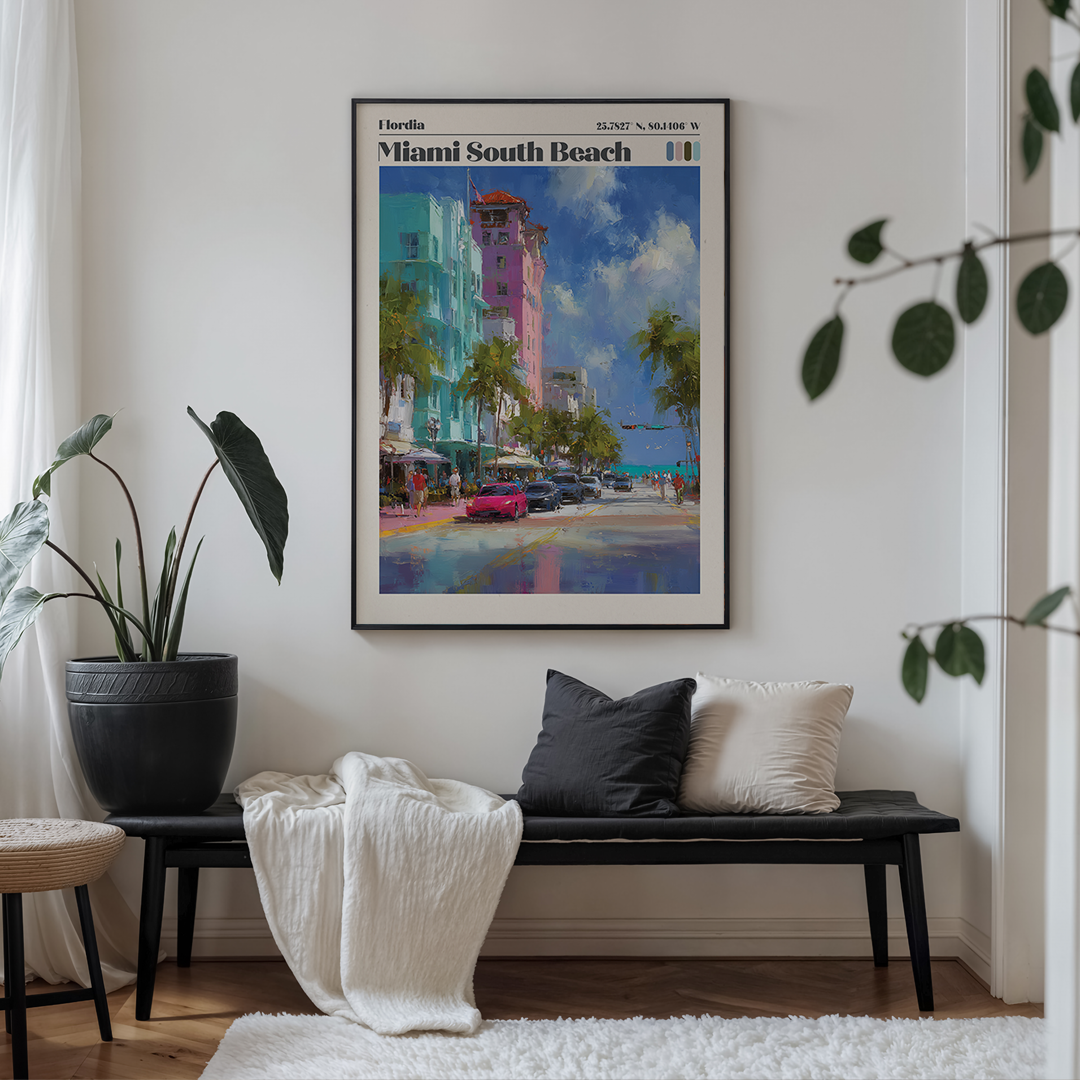 Framed artwork of Miami South Beach in a living room with a bench and plants.