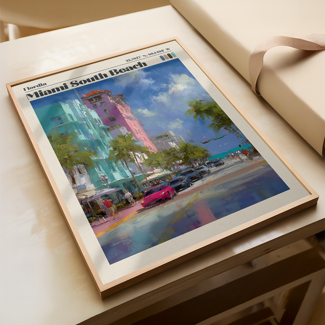Framed artwork of Miami South Beach on a table