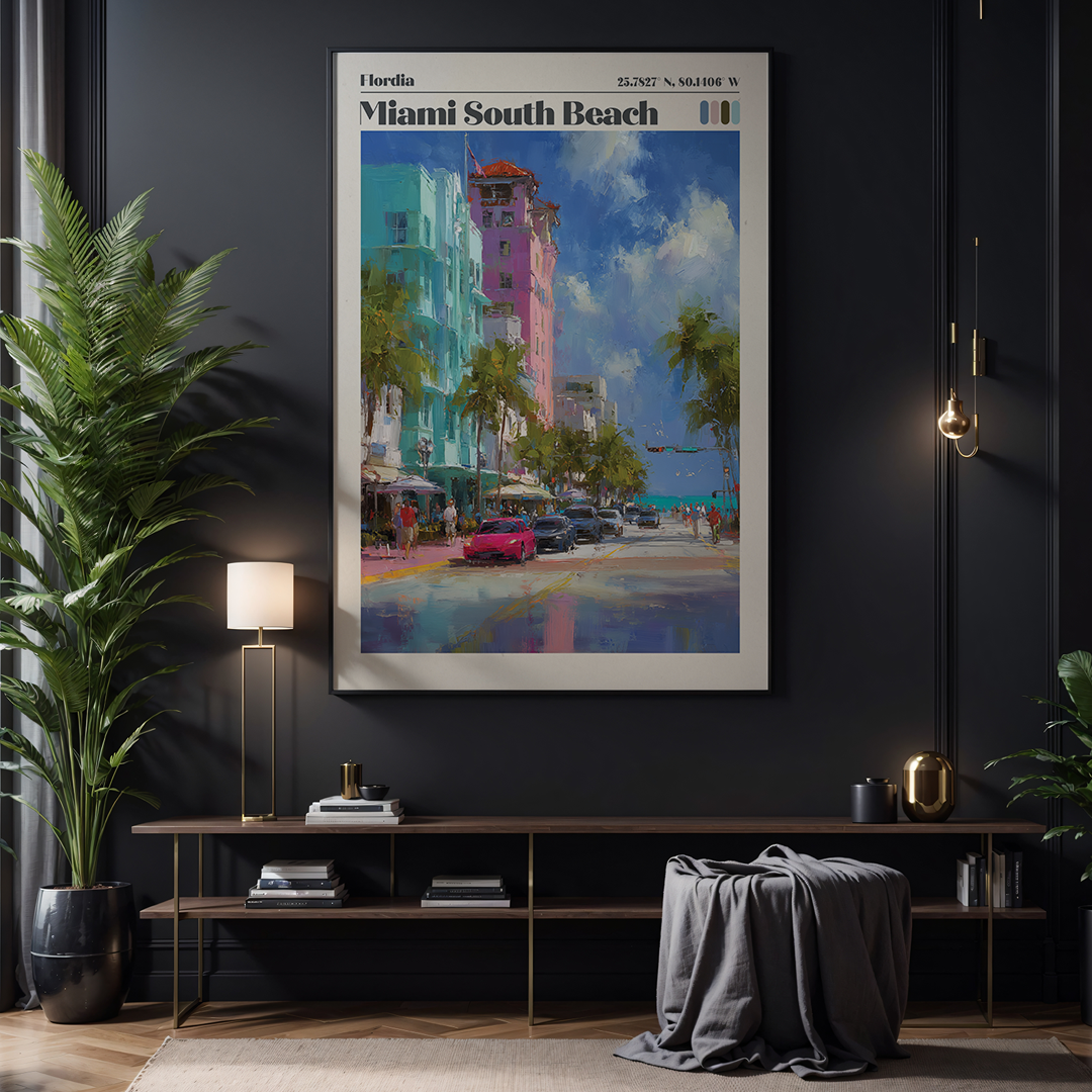 Framed artwork of Miami South Beach on a dark wall with decorative elements.