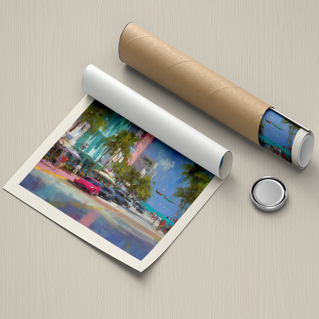 Rolled-up poster of a colorful beach scene with a cardboard tube and magnet on a beige surface.
