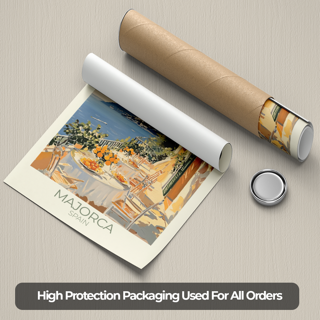 Rolled-up poster of Majorca, Spain with packaging on a textured surface