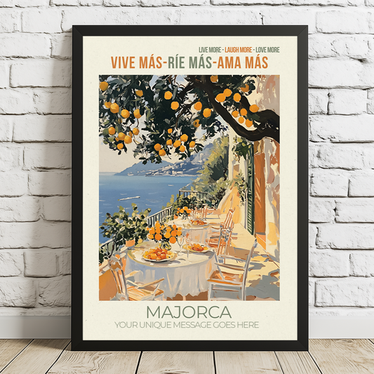 Framed travel poster for Majorca with an orange tree and coastal view.