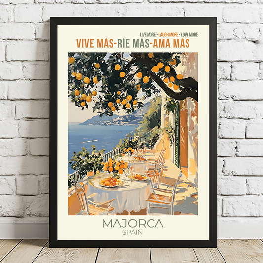 Framed poster of a scenic outdoor dining area with an orange tree, set against a white brick wall.