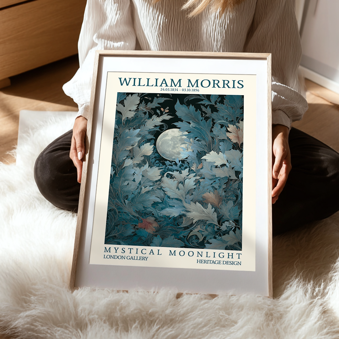Person holding a framed artwork titled 'Mystical Moonlight' by William Morris.