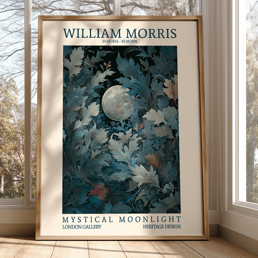 Framed artwork with 'William Morris' design in a room with large windows.