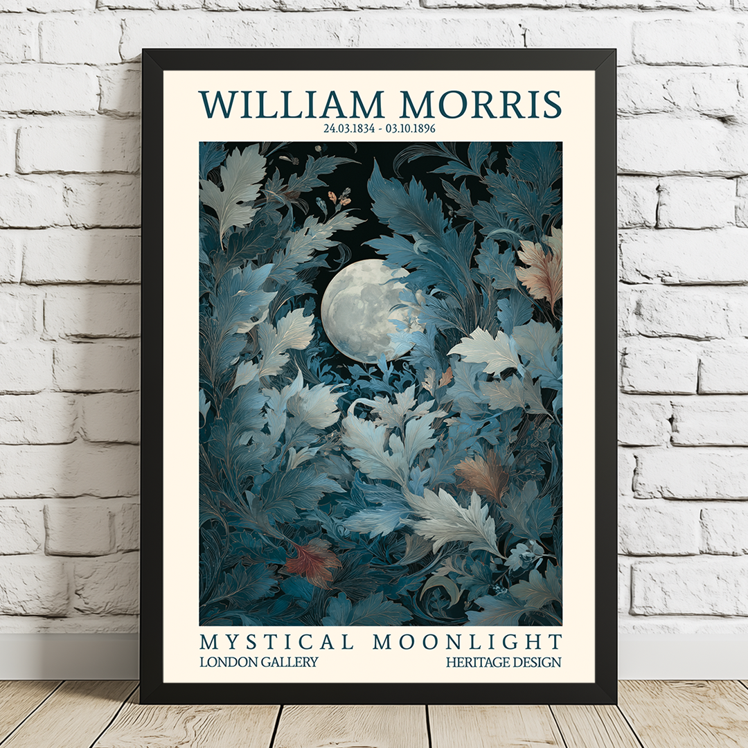 Framed artwork of William Morris with a moon and leaves on a white brick wall.