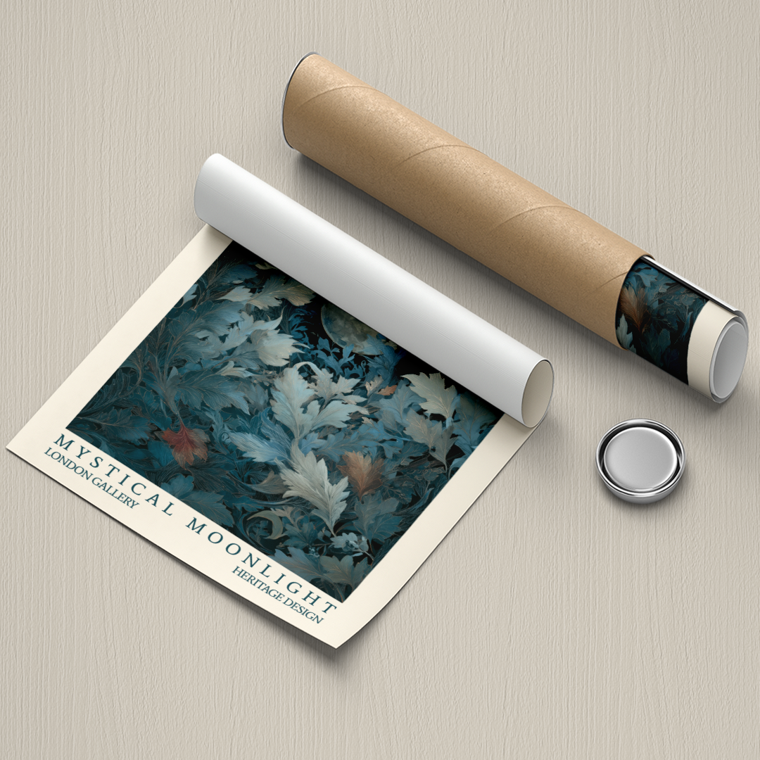 Rolled-up artwork titled 'Mystical Moonlight' on a textured surface with a roll of paper and a button.