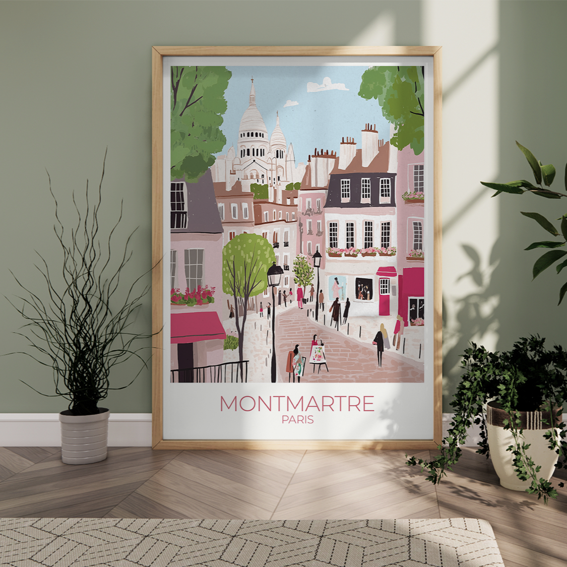 Custom Montmartre print with personalized text, perfect for Paris travel memories.