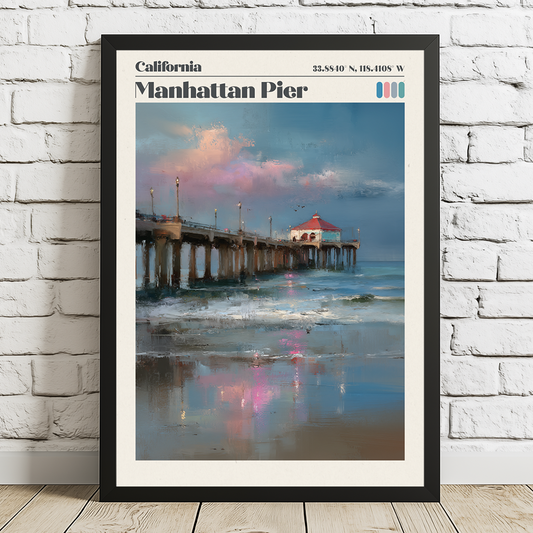 Framed artwork of Manhattan Pier with a brick wall background