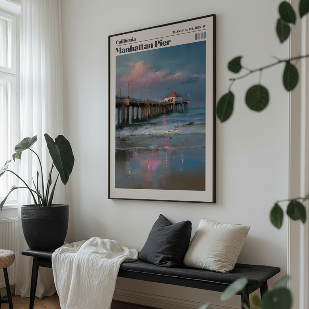 Framed artwork of Manhattan Pier on a wall above a bench with cushions.