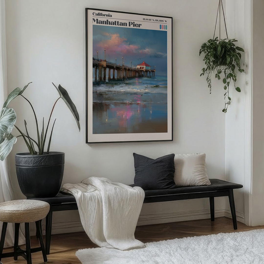 Living room with a bench, cushions, and a framed poster of Manhattan Pier.