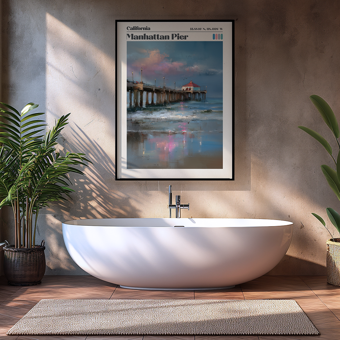 Modern bathroom with a freestanding bathtub, framed artwork of Manhattan Pier, and plants.