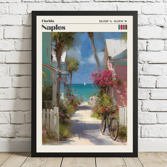 Framed artwork of a beach scene with a bicycle and flowers, titled 'Naples'.