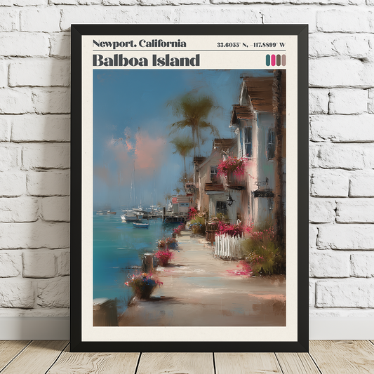 Framed artwork of Balboa Island, Newport, California on a white brick wall.
